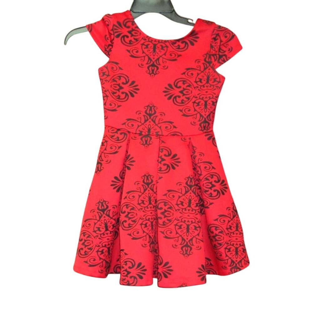 Rare Editions Girls Size 10 Red Black Damask Party Dress Fit Flare Zip Back